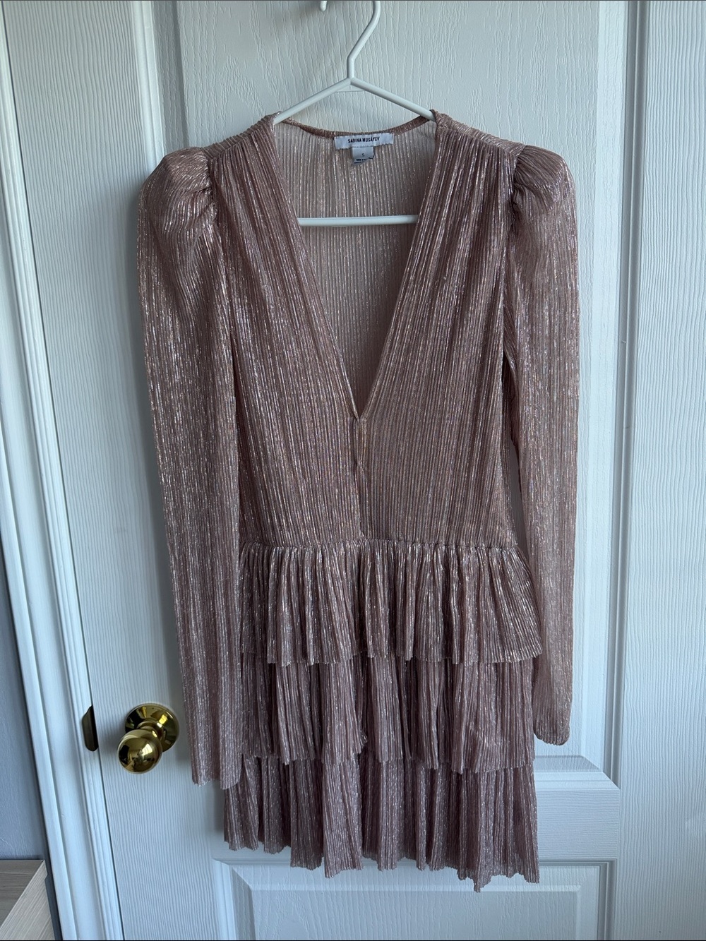 Sabina Musayev Rose Gold Metallic Pleated Tiered Long-Sleeve Dress